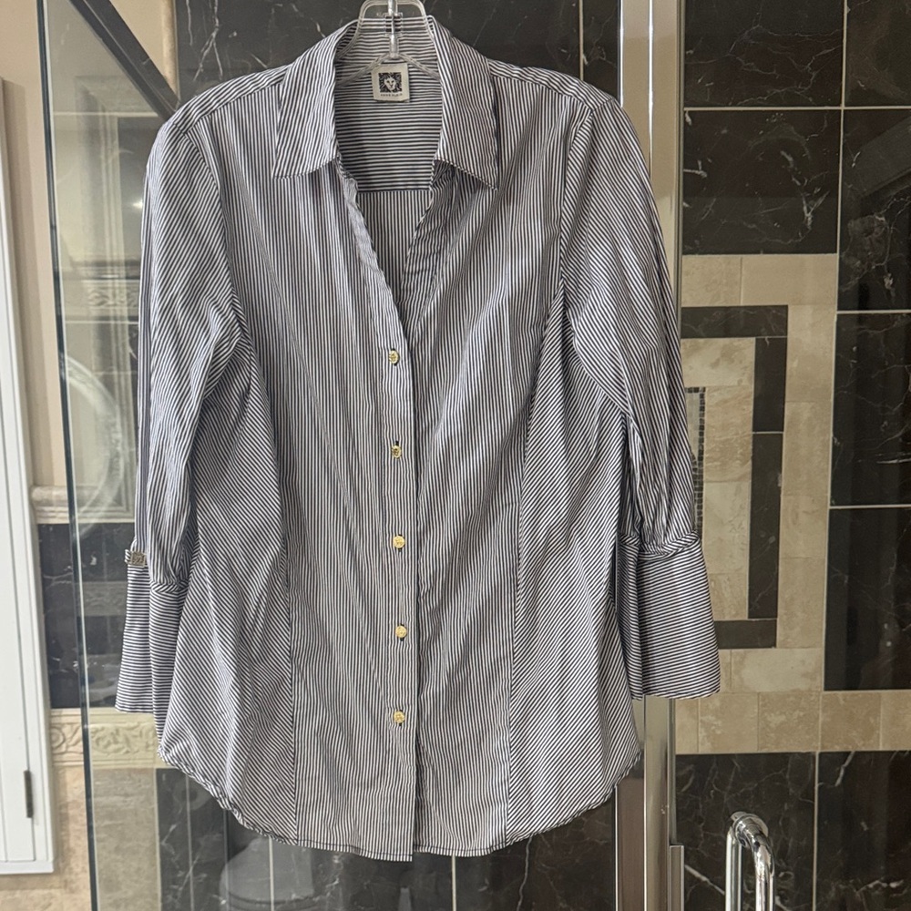 Anne Klein Blue and White Striped Button-Down Shirt